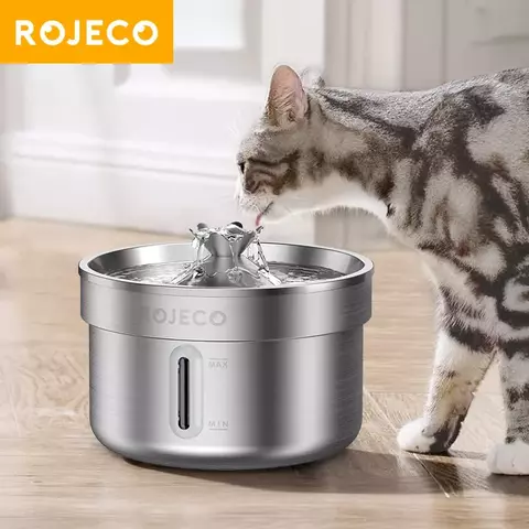 Rojeeco bebedouro de aço inoxidável para animais de estimação, fonte automática de água para gatos, dispensador inteligente de água para cães e gatos