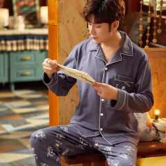 Conjunto de pijama masculino 100% algodão manga comprida solto casual outono/inverno temporada cardigan pijamas - comprar online