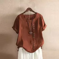 Top feminino de algodão e linho verão casual solto botão manga curta cor sólida pulôver blusa femme blusas - comprar online