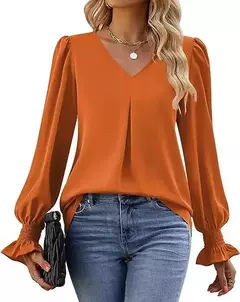 Nova camisa feminina de chiffon de cor sólida com decote em v pulôver queimado manga comprida camisa superior senhora do escritório elegante cáqui blusas soltas