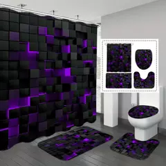 Conjunto de 4 peças de cortinas de chuveiro impermeáveis com estampa xadrez azul e preta tecnológica com 12 ganchos, tapetes de banheiro na internet