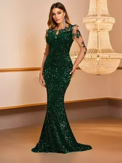 Vestido feminino elegante de renda lantejoulas, oco, vestido de festa longo - Wolf Magazine