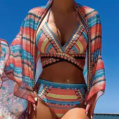 Conjunto de maiô biquíni vintage de três peças, malha Cover Ups, Cross Front Halter, azul, verde, vermelho, cintura alta Beachwear - comprar online