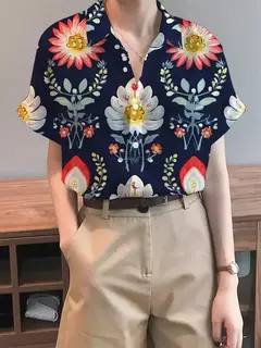 Imagem do Camisa feminina colorida em 3D com estampa floral, tops de manga curta, botão, gola elegante, primavera e outono, 2024