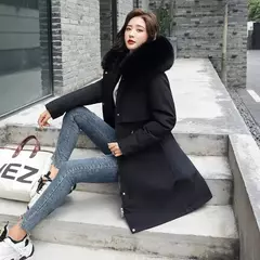 Parka longa e acolchoada feminina com forro de lã, jaqueta com capuz, gola de pele, quente, grossa, neve, roupas grandes, inverno - loja online