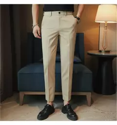 Calça casual slim-fit masculina, fato formal, monocromático, cintura ajustável, festa social, moda empresarial, novo, outono, 2022, 38-28 - Wolf Magazine