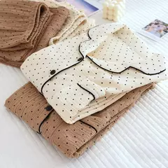 Conjunto de pijamas estampados em bolinhas, loungewear, pijama de gaze 100% algodão, loungewear, primavera, verão, feminino, pijamas, 2 peças, 2022 - Wolf Magazine