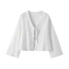 Camisas casuais de linho com renda para mulheres, oco, gola V, blusas de manga comprida, tops para senhora, streetwear, novo, primavera, 2022 - comprar online