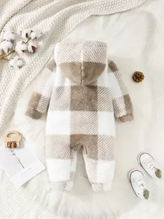Imagem do Bebê meninos e meninas xadrez macacão com capuz manga comprida macacão de pelúcia inverno quente bodysuit roupas para 3-24 meses criança menino