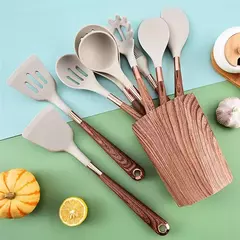 Lmetjma-Conjunto De Utensílio De Cozinha De Silicone, Utensílio De Cozinha Com Suporte De Utensílios, Alças De Padrão De Madeira, Panelas Antiaderentes, JT264, 10 Pcs - comprar online