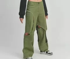 Contraste cor patchwork calças de perna larga, botão de cintura alta, fecho de zíper, oco para fora, calça reta, azul, verde