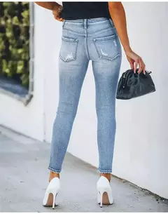 Amazon shein denim cintura magra lápis jeans feminino franja design danificado transfronteiriço temu tecido fino comprimento médio da cintura