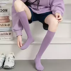 Meias longas e sólidas de cor doce para mulheres, meias na moda, lisos, estilo japonês, altura do joelho, macias, respiráveis, algodão, estudante - loja online