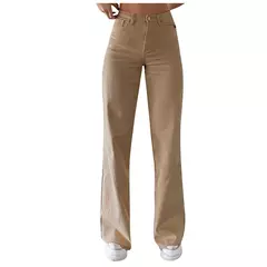 Jeans feminino de cintura alta e larga lavado com bolsos, calça casual e elegante, perna reta, monocromática, outono - loja online
