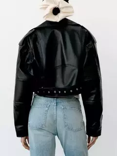 Ailegogo-Jaqueta curta feminina de couro PU falso com cinto, casaco de motociclista, lapela com zíper feminino, outwear solto, primavera, outono - comprar online