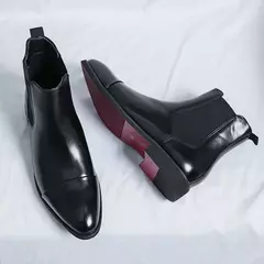 Men's Red Sole PU Ankle Chelsea Boots, Business Round Toe Slip-On Shoes