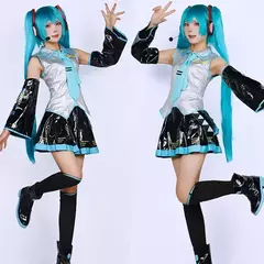 Miku cosplay conjunto completo de tecido de couro prata terno miku cosplay headwear traje roupa jk vestido de marinheiro uniforme do ensino médio santificar - Wolf Magazine