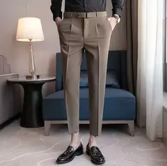 Calça de negócios justa masculina recortada, calça reta elástica, terno masculino de alfaiataria social, estiramento formal tressed, verão, 9 calças recortadas na internet