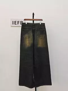 Iefb-Jeans lavado vintage masculino, calças jeans de perna larga, calças masculinas soltas, moda casual de rua angustiada, verão, versátil, 9C354