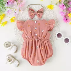 Macacão e cabeça de arco estampados em flores, confortável, fofo, multicolorido, bebê menina, moda verão, 0-2 anos de idade, 2 peças - Wolf Magazine