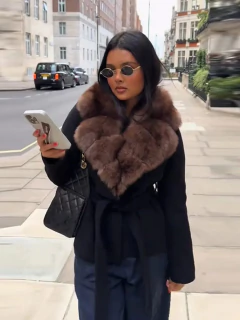 Luxury Fur Patchwork Wool Coat Women Lace Up Long Sleeve Solid Short Warm Coats 2025 Autumn Winter Lady Outwears New - comprar online