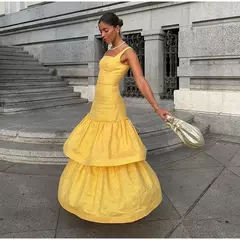 Vestido feminino sem encosto com gola quadrada, estilingues elegantes, vestido com bolo monocromático, Vestes compridas femininas, Festa à noite, Verão, 2022 - loja online