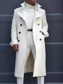 Casaco de trespassado duplo masculino, casaco longo, sobretudo com mistura de lã, casacos brancos, streetwear, jaqueta solta, moda festa - Wolf Magazine