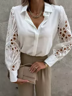 Elegante blusa sólida de chiffon feminina, camisa casual de manga comprida, camisa solta com decote V, túnicas de senhora do escritório, tops grandes, primavera, verão, 2024 na internet