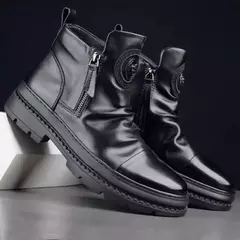 Bota de couro de cano alto masculina, sapato redondo com fecho lateral, sapato casual para caminhada, botas masculinas com conforto exterior, estilo britânico, nova, outono