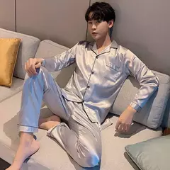 Pijama de seda de manga comprida com lapela masculino, versão coreana da cor sólida, roupa casual para a casa, cardigã - comprar online