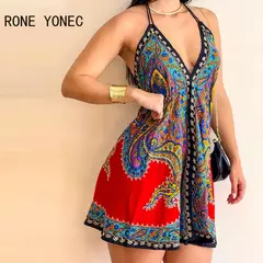 Imagem do Vestido sem mangas com estampa allover feminino, com renda para cima, decote em V profundo, sem encosto, mini linha A vestidos sexy