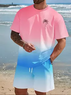 Imagem do Camiseta de praia havaiana masculina, conjunto de 2 peças, manga curta, estampa palmeira, decote em O, moda exterior, casual, verão