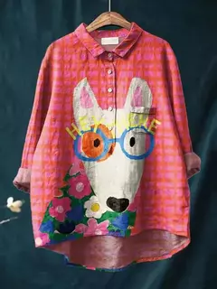 Sardinha de peixe retrô casual feminina arte camisa de bolso manga longa, camisas estampadas estilo havaiano, tops com gola v, verão - Wolf Magazine