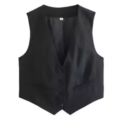 Colete feminino sem mangas TRAF, camiseta com decote em v, casacos curtos, terno de trabalho, preto e branco, moda verão - Wolf Magazine