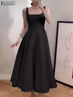 ZANZEA-Vestido Regular Feminino Sem Mangas, Vintage, Vestidos Linha A, Robe de Cintura, Casual, Colarinho Quadrado, Midi Robe, Feriado, Verão, 2022 - loja online