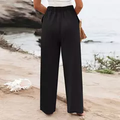 Calça larga de linho de algodão feminina, comprimento total, casual, monocromática, solta, cintura alta, reto, botão, verão