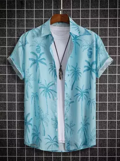 Camisa de lapela masculina de manga curta, estilo havaiano, padrão tropical de coqueiro, tops grandes, férias de verão - comprar online