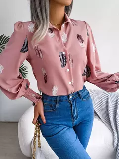 Mulheres Casual Pena Imprimir Collar Manga Longa Camisa Branco Rosa Azul