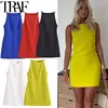 TRAF-Mini vestido de cabedal feminino fora do ombro, elegante vestidos de festa, branco, preto, vermelho, azul, curto, verão, novo