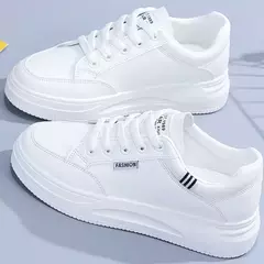 Tênis feminino de fundo grosso com renda, sapatilhas casuais antiderrapantes, esportes de caminhada ao ar livre, sapatos de quadro branco, novo para outono - loja online