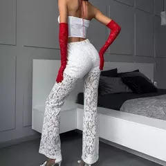 Calça reta elástica de comprimento total feminina, calça oca de renda, cintura alta, calça longa, casual, feminina, sexy, fina, nova, verão na internet