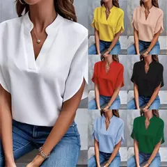 Imagem do Blusa feminina elegante de manga curta com decote em v, camisa solta de cor sólida, tops brancos casuais, senhora do escritório, nova, verão