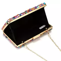Bolsa acrílica com fecho interligado para menina, bolsa do casamento, pedra multicolorida, corrente de metal, crossbody, ombro, noite, difícil - loja online