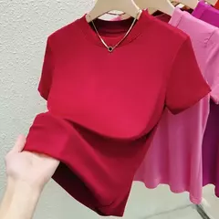 Camiseta de manga curta de gola redonda feminina, blusa casual, camiseta monocromática, plus size, roupas sexy e finas, moda verão - Wolf Magazine
