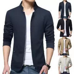 Blazer casual masculino com gola de suporte, jaqueta de negócios elegante, casaco monocromático com bolsos de zíper fino e fino, primavera e outono - loja online