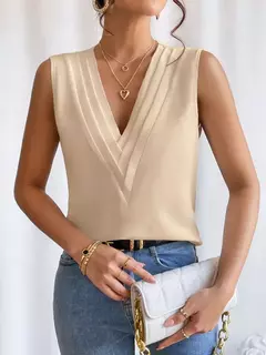 Moda feminina verão novo multi-nível com decote em v cor sólida regata camisa elegante feminino branco sem mangas blusa casual - Wolf Magazine