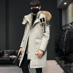Imagem do Casaco de pato branco com capuz masculino, jaqueta grossa quente, lã e mistura, alonga parka, casaco de inverno masculino de alta qualidade, novo