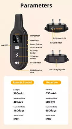 ROJECO-Elétrica Dog Training Collar, Digital recarregável, controle remoto, IPX7 impermeável Vibrador, Pet Dog Bark, Stop Shock Collar