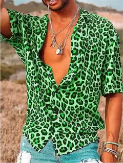 Imagem do Camisa estampada de leopardo masculina, botão havaiano de manga curta diária, roupa casual confortável, novo, 2024