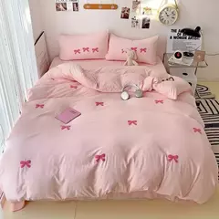 Cute Pink Bows Embroidery Duvet Cover Set, Conjuntos de cama 3D Confortável Rainha Consolador, capas macias para meninas, crianças, adolescentes - loja online